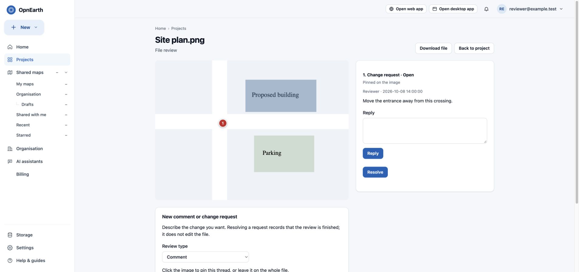 Example image review with a numbered red pin and a change-request thread with Reply and Resolve controls