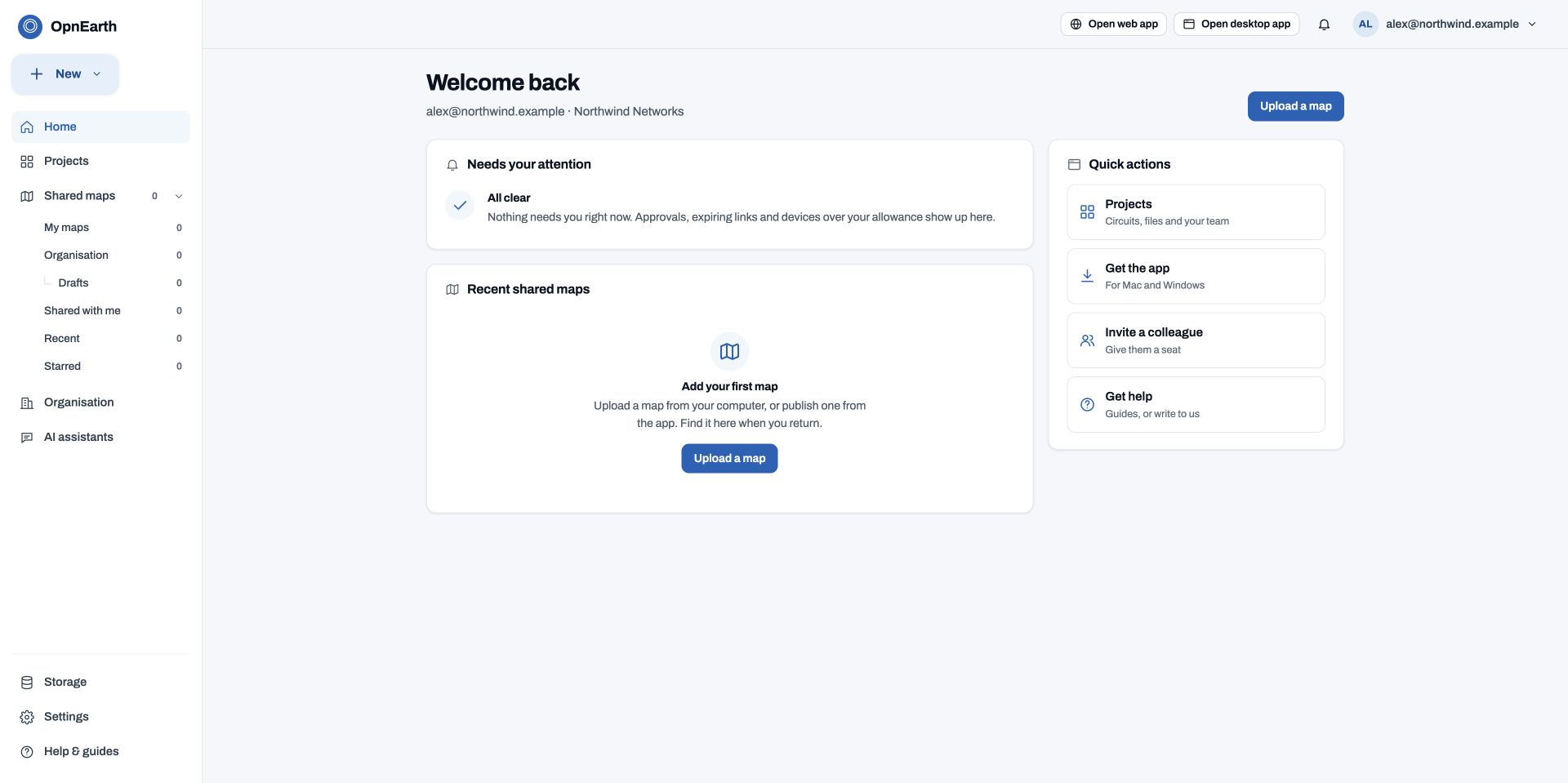 Portal home with New in the left sidebar and web and desktop app shortcuts before the notification bell