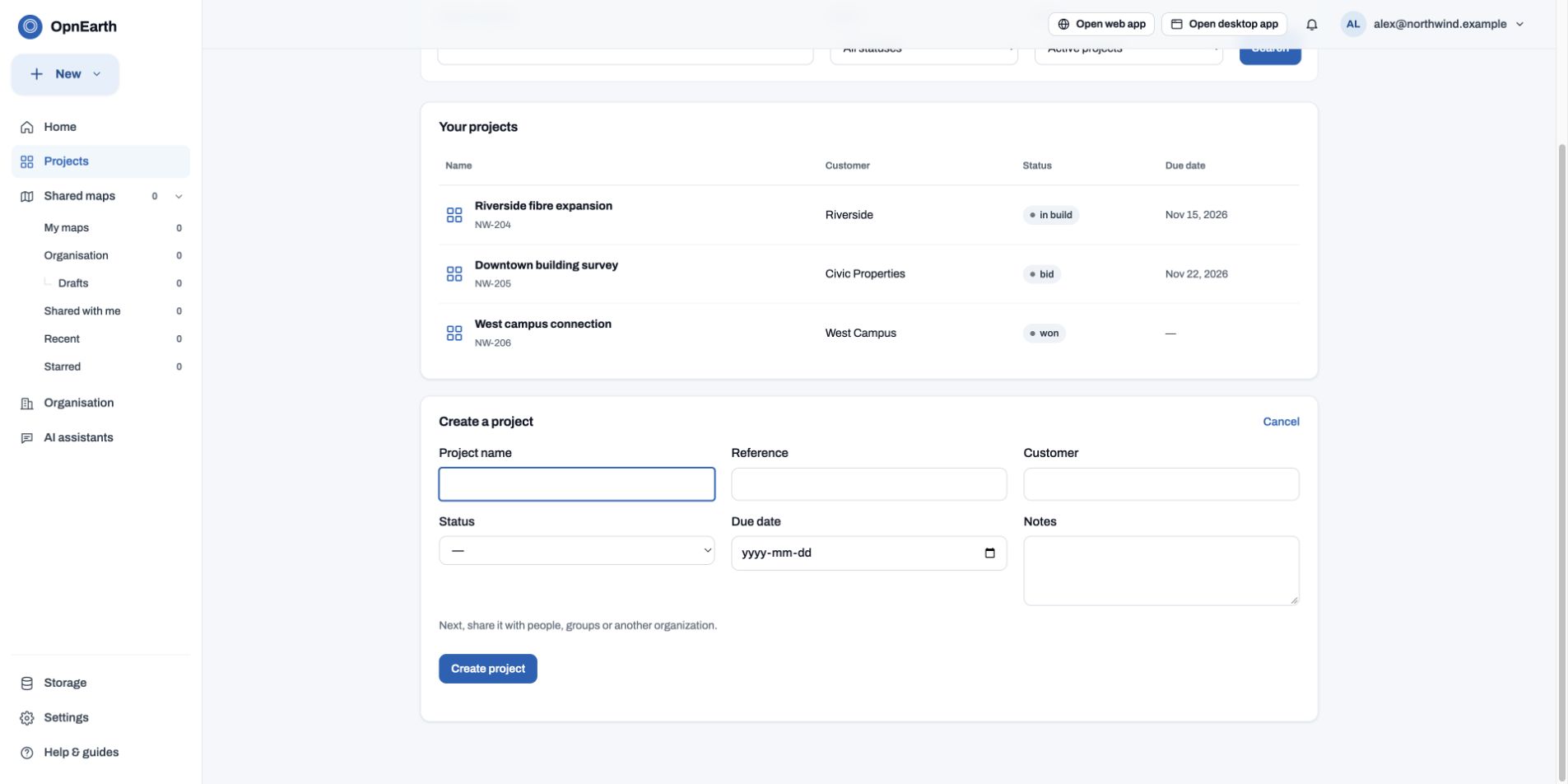 Create a project form with name, reference, customer, status, due date and notes
