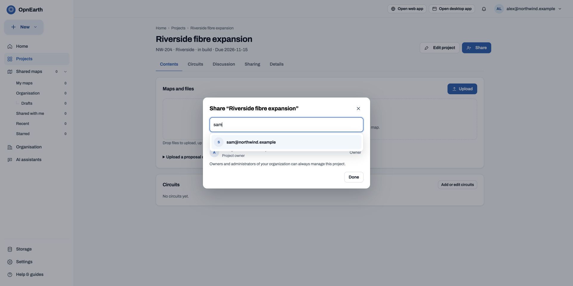 Project Share dialog showing a colleague search result above People with access