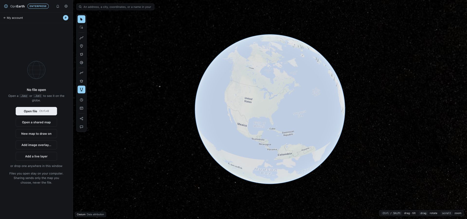 Web map editor with a direct My account link and a fully visible account button beneath the sidebar title