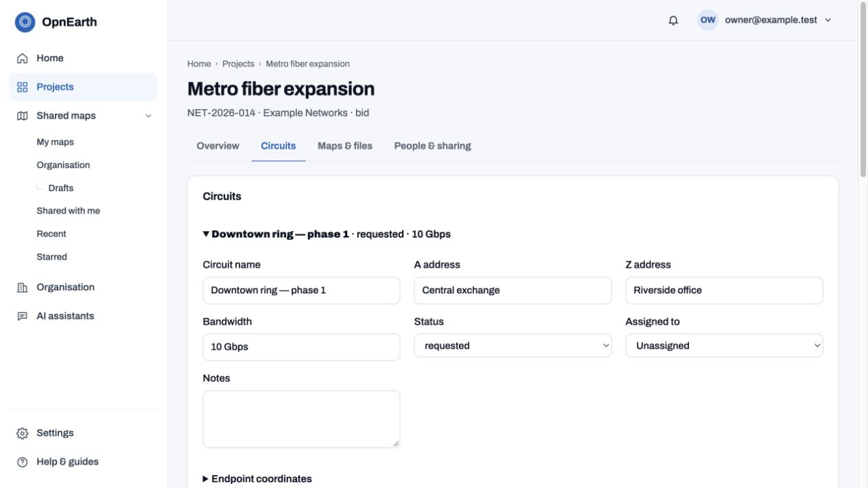 OpnEarth project portal with circuits, files, people and shared map navigation