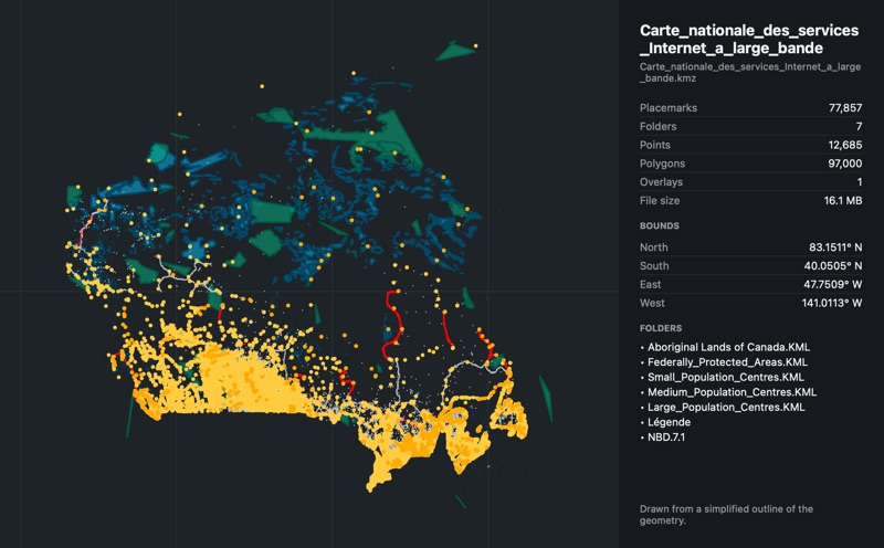 The Quick Look preview of a KMZ: a map of Canada drawn from the file, beside its placemark, point and polygon counts, file size, bounds and folders