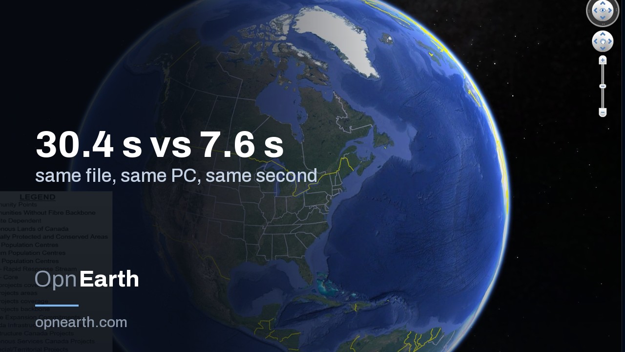 Google Earth Pro vs OpnEarth: a KMZ that expands to 374 MB, on the same PC